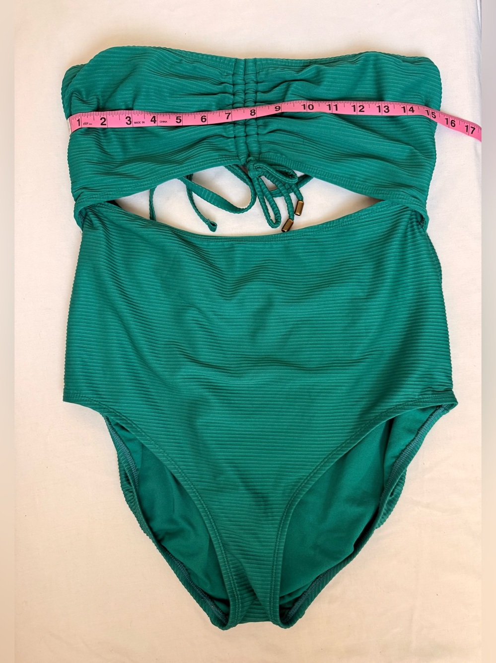Green Ribbed Cutout One Piece Swimsuit Bandeau Tie Detail XL Time and Tru